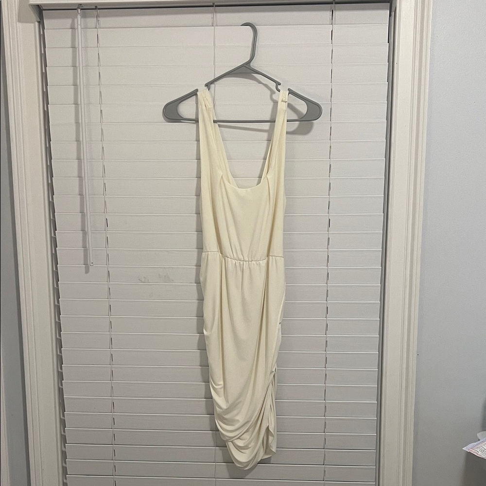 B sharp Cream Square-Neck Ruched Midi Dress